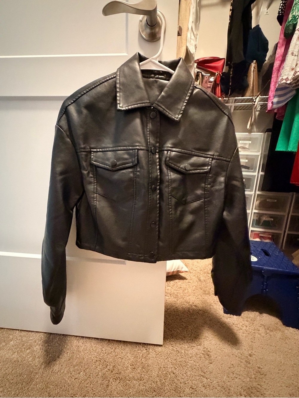 Black Faux Leather Cropped Jacket - Women